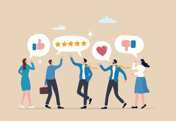 Employee feedback, opinion or rating review, customer service quality, survey result or social media comment, appraisal, evaluation or ranking concept, business people giving feedback communication
