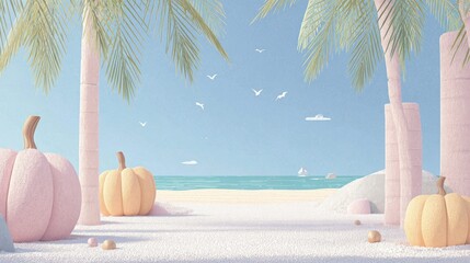 Obraz premium Whimsical beach scene with pastel pumpkins and palm trees