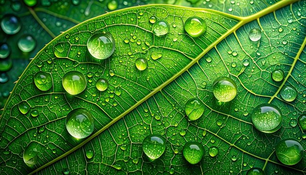 Close-up of vibrant green leaves with water droplets - Powered by Adobe