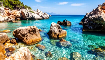 Clear turquoise water laps rocky shores, with lush greenery and a distant mountain range