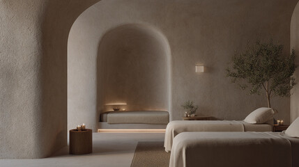 Peaceful minimalist massage room designed for relaxation and rejuvenation in a calming spa environment