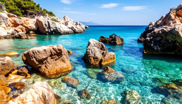 Clear turquoise water laps rocky shores, with lush greenery and a distant mountain range