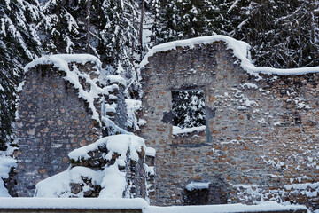 France - Peisey-Nancroix - Mine Palace - Ruins of an ancient mining building in snow