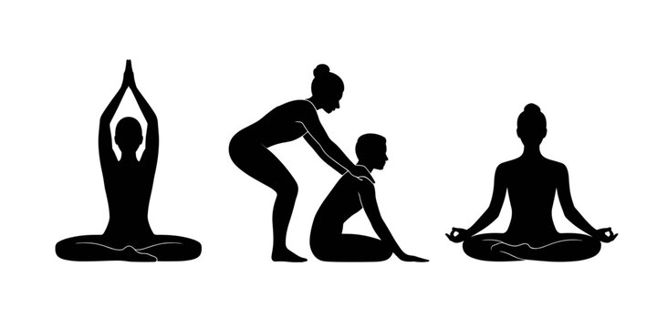Vector icons set with people practicing yoga and meditation including sitting poses and assisted stretching

