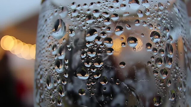 Chilled beer stein with condensation dripping, dimpled glass reflecting blurred tent lights, creating a cozy, atmospheric close-up.