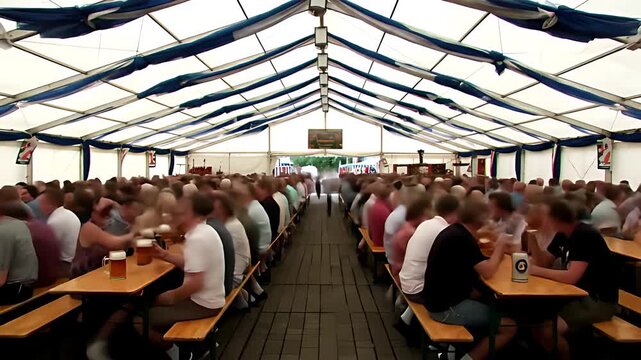 Morning to Midday Time Lapse: Empty Beer Tent Rapidly Fills with Energetic, Roaring Crowd Amidst Festive Atmosphere
