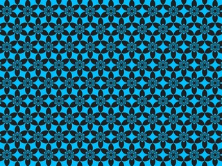 Geometric floral pattern in blue and black creates a bold design.