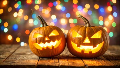Two carved jack-o-lanterns glow brightly against a backdrop of colorful bokeh lights