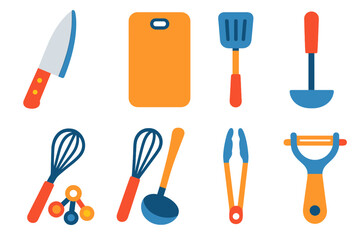 Colorful Cooking Icons. Flat vector icons of cooking utensils: chef’s knife, cutting board, spatula, whisk, ladle, tongs,