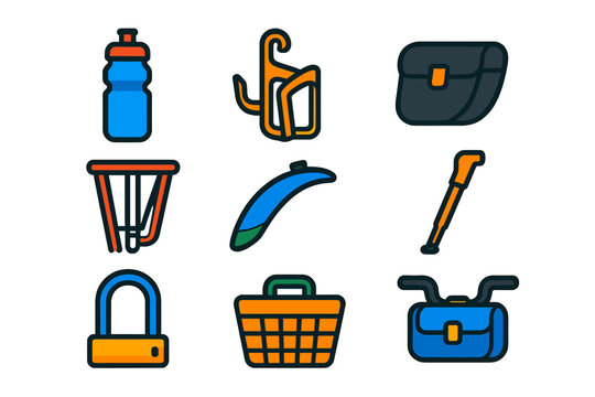 Bike Accessories Icons. Flat vector icons of bike accessories: water bottle, bottle cage, saddle bag, pannier rack, fender,