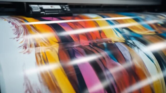 Close-up of a large-format digital printer in action, printing color graphics onto a roll of vinyl. 4k video