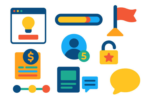 Crowdfunding Icon Set. Flat vector icons of crowdfunding elements: campaign page, funding progress bar, goal flag, pledge tier,