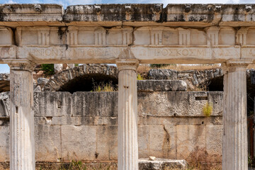 Turkey - Aphrodisias - Greek Inscription on Marble Columns Translate : The stage building, along with its adornment