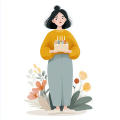 Woman holding Easter cake with candles surrounded by flowers  