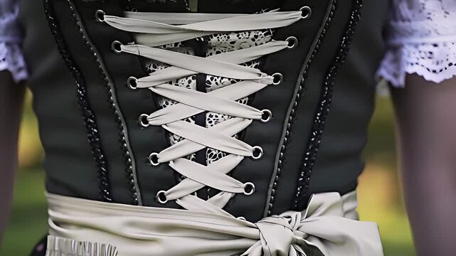 Close-up detail of a traditional dirndl dress: crisp apron bow, intricate bodice lacing, and the delicate lace of the feminine blouse.