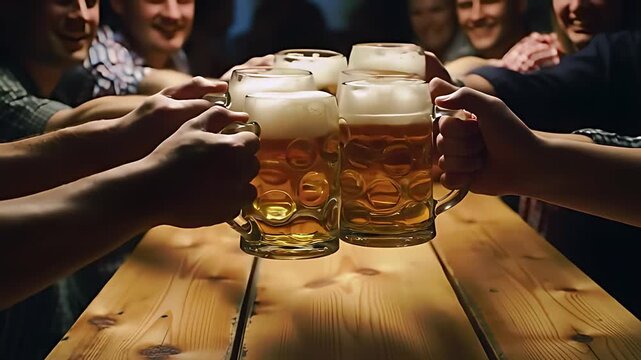 Overhead view of numerous golden beer steins clinking together in a warm tent, their amber liquid catching the light as hands raise them in a celebratory toast.