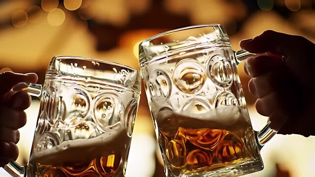 Slow motion clinking of heavy dimpled glass beer steins in a festive prost toast, with a blurred beer tent creating beautiful bokeh.