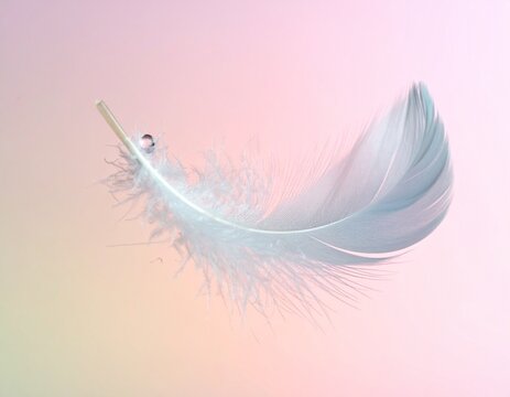 Single feather dropping on pastel background (floating look) - Powered by Adobe