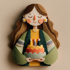 Young woman holding colorful Easter cake with candles in soft design  