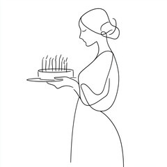 Woman holding Easter cake with candles in minimalist line art style  