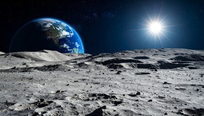 Earthrise over Lunar Landscape: Sunlit Cratered Moon Surface with Distant Earth and Bright Sun