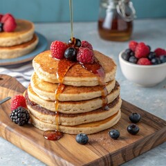 Delicious pancakes with berries and syrup on a wooden cutting board