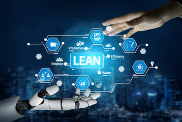 This image illustrates the integration of automation into lean manufacturing, showcasing a robotic hand and human interaction for improved efficiency in business environments. Tessel