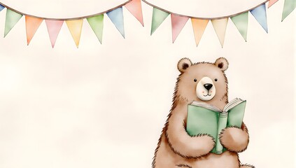 Cartoon bear reading green book under string of pastel pennant flags on neutral background in cheerful and festive scene.
