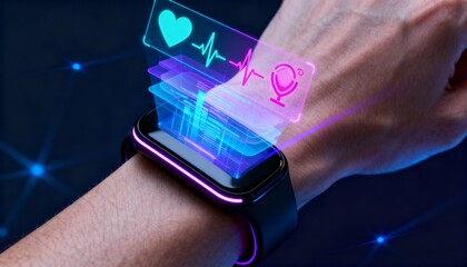 Smart wearable health device projecting holographic vital signs with futuristic digital interface, innovative healthcare technology, medical monitoring gadget, virtual diagnostics and advanced health 