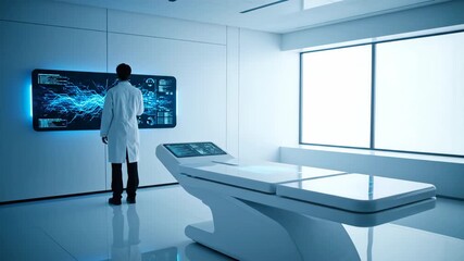 Futuristic laboratory scene with scientist interacting with high-tech digital interface on large blue screen, modern medical equipment, and sleek white interior during daytime: interaction - Powered by Adobe