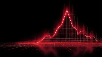 a 3D futuristic glowing chart icon in the center of the image, made of sharp neon red grid lines, glowing on a dark black background, the chart has a single neon red line  