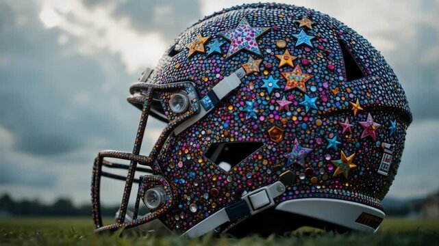 Closeup of an American football helmet covered in rhinestones and colorful stars against a cloudy sky. 4k video