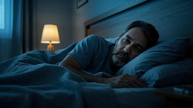 Man trying to sleep in bed at night, suffering from insomnia and looking troubled, anxiety, mental health concept footage.