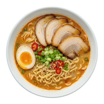 Top view of a delicious spicy miso ramen bowl with chashu pork, soft boiled egg, noodles, and scallions, Isolated on Transparent and White Background