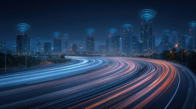 cars driving on the road at night, technology overlay  