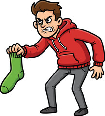 Fototapeta premium Angry man in red hoodie holding a green sock with disgusted expression vector illustration 