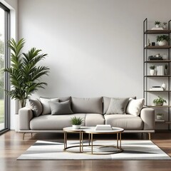 Serene Living Room with Greenery: A spacious and serene living room showcases a comfortable beige sofa, complemented by two round coffee tables, lush greenery.