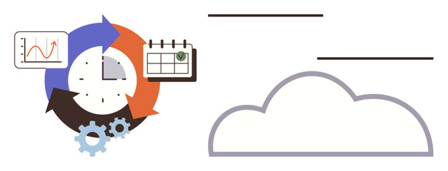 Circular cycles with clock, gears, calendar, and growing graph arrow. Cloud connectivity for planning, collaboration, and productivity. Ideal for workflow, scheduling innovation communication