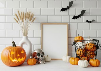 Halloween mockup with pumpkins, skull, bats, and blank frame