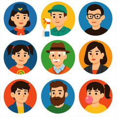 Diverse Professional Icons. Flat vector icons of people avatar (round): flight attendant with scarf, janitor with cleaning spray,