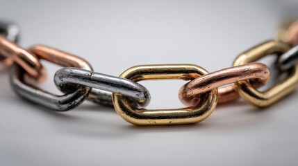 Obraz premium Close-up of flat metallic chain links with gold, silver, and copper accents. Clean and modern style, ideal for jewelry design, fashion details, backgrounds, and product promotion.