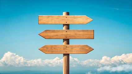 Wooden direction signpost with three blank arrows against blue sky and clouds for travel and navigation concept 
