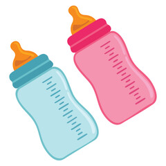 Baby pacifiers blue and pink with milk vector illustration nipple set infant care child accessory design concept newborn parenting