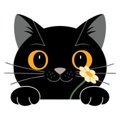 Black cute cat smiling vector illustration yellow eyes cartoon pet character white background lovely domestic animal art design for creative projects