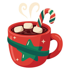 Cozy hot cocoa with marshmallows red cup illustration steaming seasonal drink candy cane perfect for festive holiday warm winter artwork