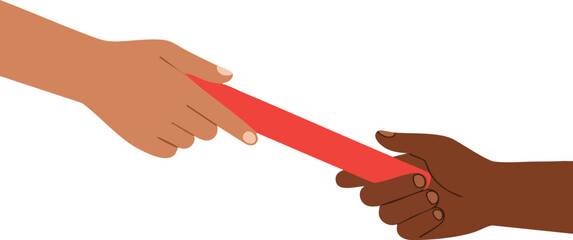Human hands passing red baton in relay race teamwork and cooperation concept vector illustration 