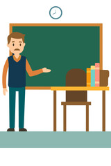Flat illustration of male teacher standing near chalkboard with books and desk, educational style, World Teachers’ Day celebration concept