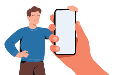 Male person with smartphone vector illustration hand holding phone showing screen display cartoon character with gadget modern design