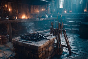 In a dimly lit blacksmith workshop, glowing embers rise from a stone hearth. Various tools and iron rods rest on the workbench, ready for crafting. The atmosphere is rustic and warm