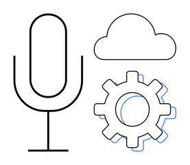 Microphone, cloud, and gear illustrating voice technology, cloud services, settings, and automation. Ideal for tech solutions, streaming, data AI collaboration media simple flat metaphor